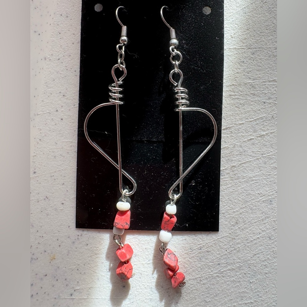 Silver and Red Wire Wrapped Earrings